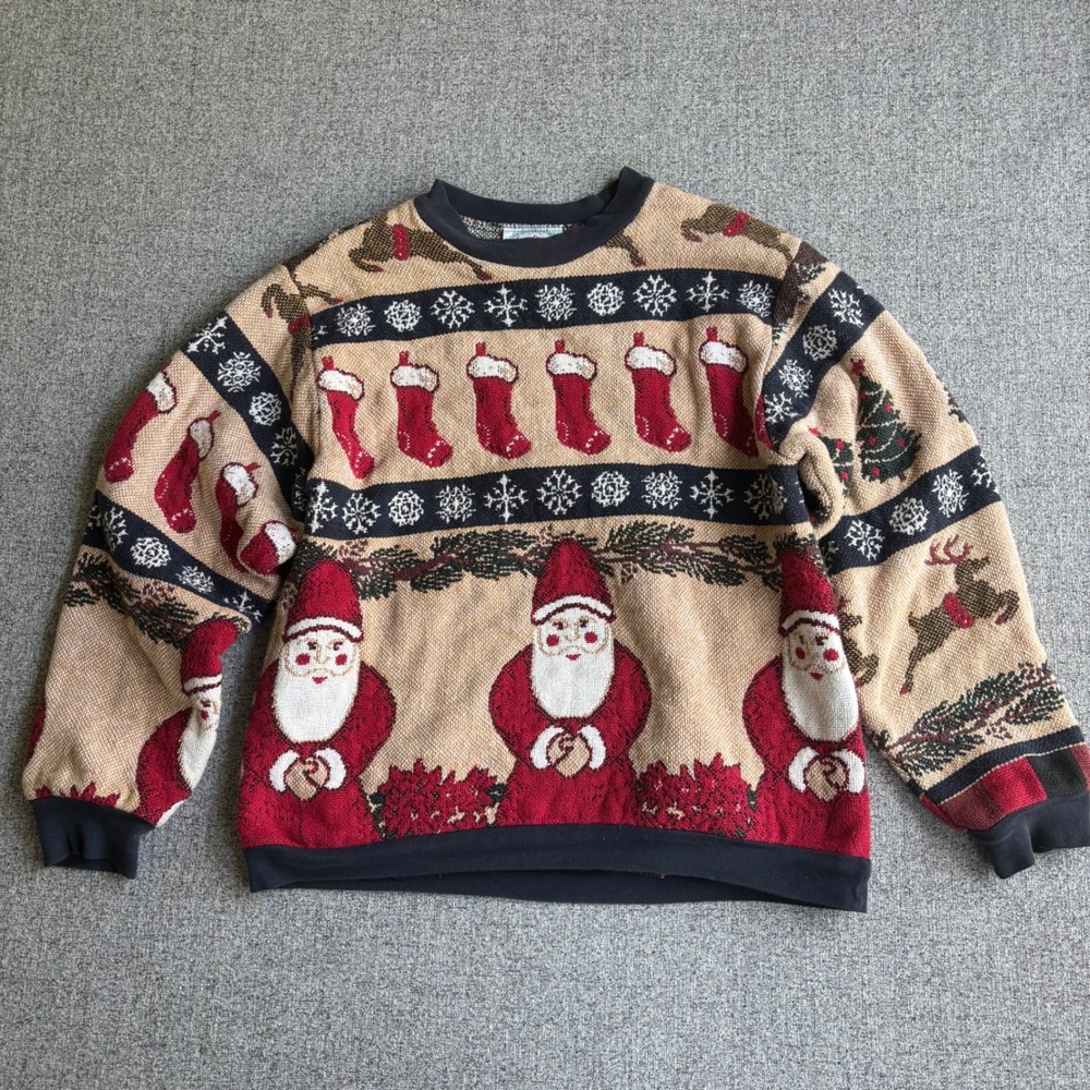 Sugar Street Weavers Sweater Unisex OS Tan Christmas Santa Reindeer Vintage USA